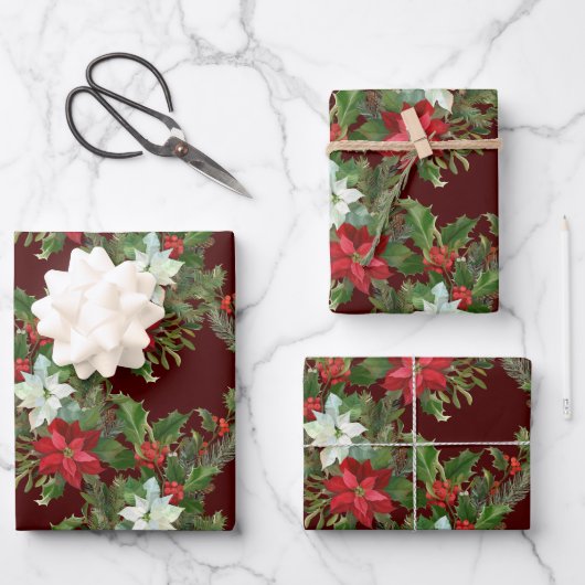 Kerstrood en wit Poinsettia, Holly Berry Inpakpapier Vel (Voorkant)