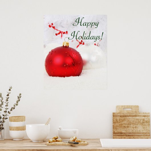 Kerstrood en wit Prettige feestdagen Poster (Keuken)