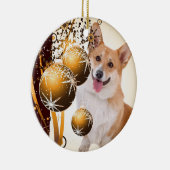 Kerstrood en witte Corgi Keramisch Ornament (Rechts)