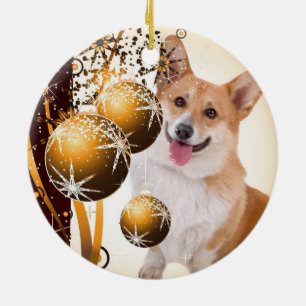 Kerstrood en witte Corgi Keramisch Ornament