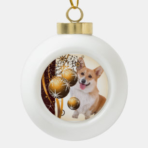 Kerstrood en witte Corgi Keramische Bal Ornament