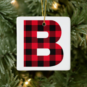 Kerstrood en Zwart Buffalo geruite Monogram B Keramisch Ornament