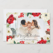 Kerstrood Floral Foto Wenskaart Bedankkaart (Voorkant)
