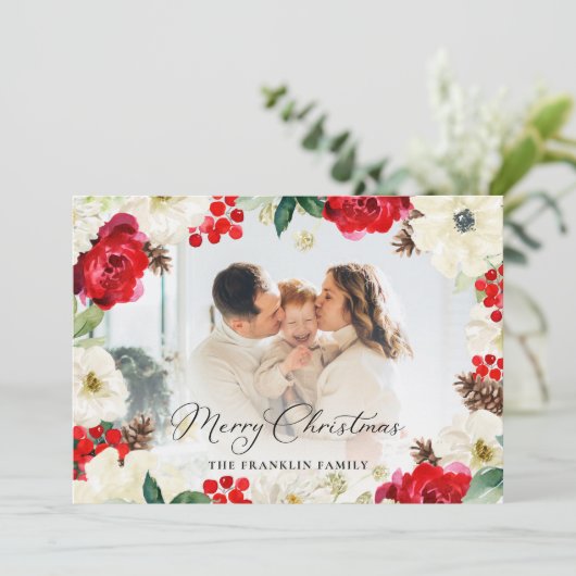 Kerstrood Floral Foto Wenskaart Bedankkaart (Staand voorkant)