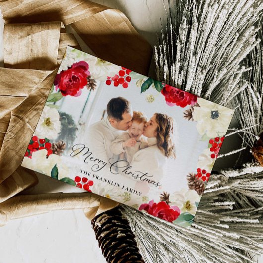 Kerstrood Floral Foto Wenskaart Bedankkaart