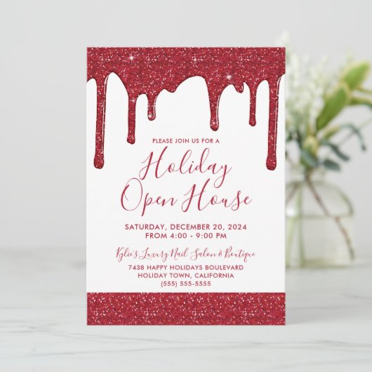 Kerstrood Glitter schrijft feestdag Open House Kaart (Staand voorkant)