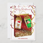 Kerstrood Gold Glitter Two Photo Holiday Kaart (Voorkant)