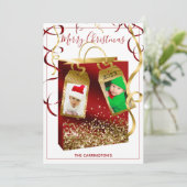 Kerstrood Gold Glitter Two Photo Holiday Kaart (Staand voorkant)
