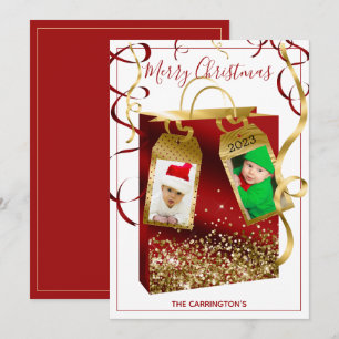 Kerstrood Gold Glitter Two Photo Holiday Kaart