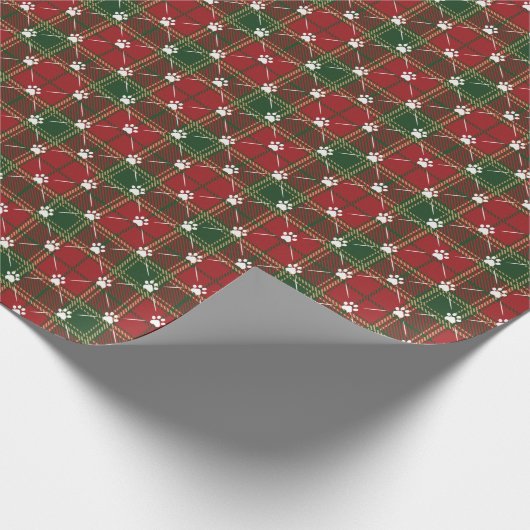 Kerstrood Gold Green Tartan Dog Paw Print Cadeaupapier (Hoek)