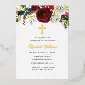 kerstrood goud-Floral-Girl Baptisme Folie Uitnodiging (Voorkant)