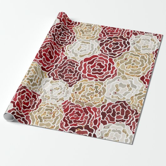 Kerstrood goud luxe Glitter Pattern Cadeaupapier (Uitgerold)