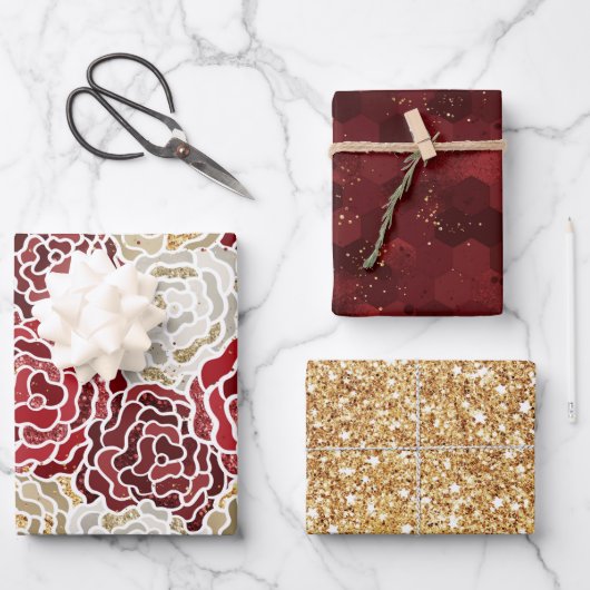 Kerstrood goud luxe Glitter Pattern Inpakpapier Vel (Voorkant)