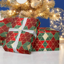 Kerstrood goudgroen geometrisch patroon cadeaupapier