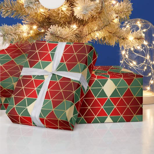 Kerstrood goudgroen geometrisch patroon cadeaupapier (Feestdagen)