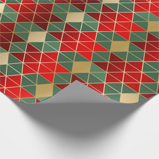 Kerstrood goudgroen geometrisch patroon cadeaupapier (Hoek)