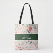 kerstrood groen bloemen monogram tote bag (Voorkant)