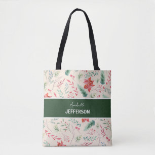 kerstrood groen bloemen monogram tote bag