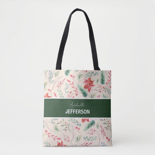 kerstrood groen bloemen monogram tote bag (Voorkant)