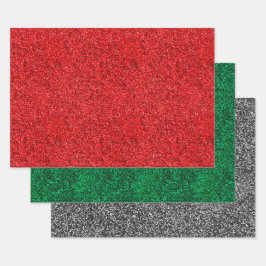 Kerstrood, groen en zilver faux glitter inpakpapier vel