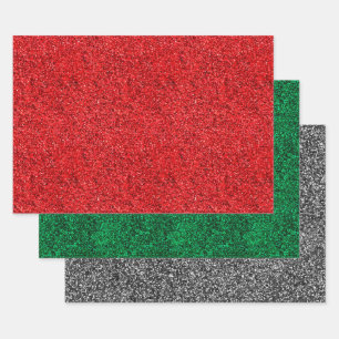 Kerstrood, groen en zilver faux glitter inpakpapier vel