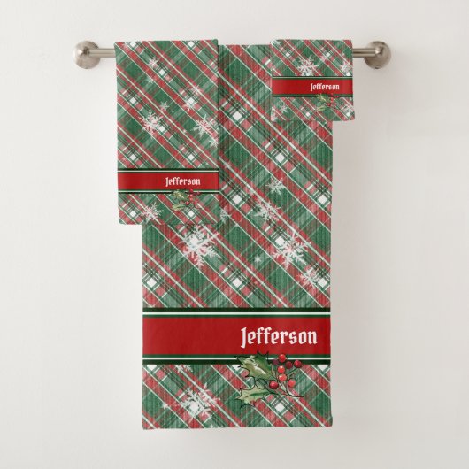 Kerstrood Groen Tartan Spelnaam Sjabloon Bad Handdoek (Insitu)