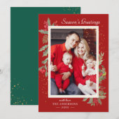 Kerstrood Holly Berry Floral Gold Lijst Foto Feestdagenkaart (Voorkant / Achterkant)