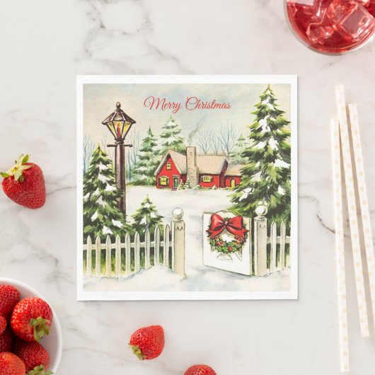 Kerstrood huis Lantern Pine Trees Paper Servet (Insitu)