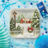 Kerstrood huis Lantern Pine Trees Papieren Bordje (Feest)