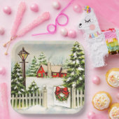 Kerstrood huis Lantern Pine Trees Papieren Bordje (Feest)