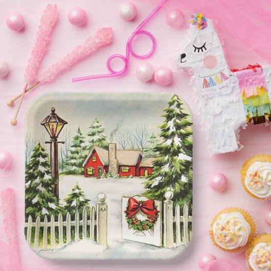 Kerstrood huis Lantern Pine Trees Papieren Bordje (Feest)