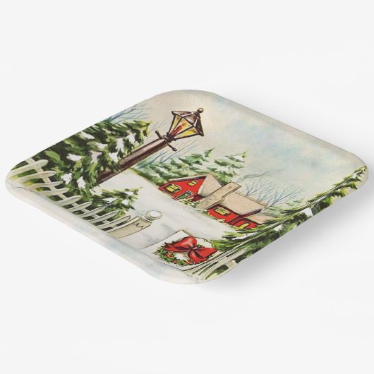 Kerstrood huis Lantern Pine Trees Papieren Bordje (Gebogen)