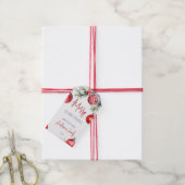 Kerstrood kerstballen besneeuwde dennenbomen  cadeaulabel (Met Touw)