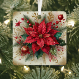 Kerstrood Poinsettia Bloem met Gouden Glitters  Metalen Ornament