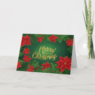Kerstrood Poinsettia Bloemen, Dennen Takken Feestdagen Kaart