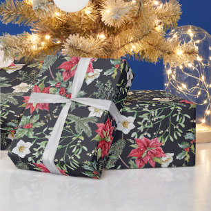 Kerstrood Poinsettia Bloemen en Bessen Cadeaupapier