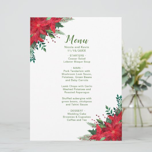 Kerstrood Poinsettia Bloemen Trouwmenu Menu (Staand voorkant)