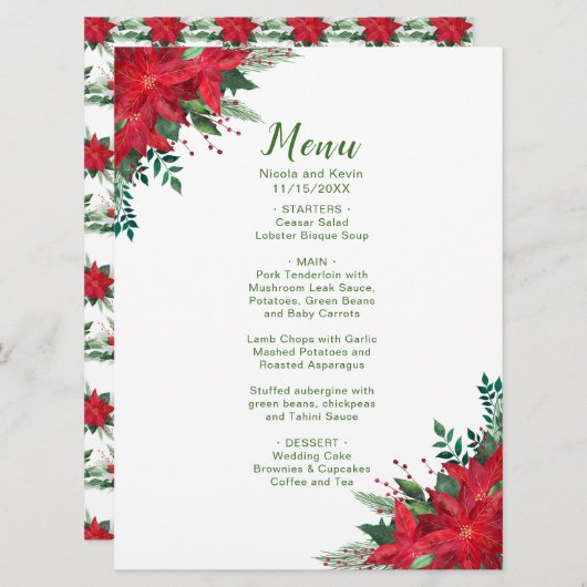 Kerstrood Poinsettia Bloemen Trouwmenu Menu (Voorkant / Achterkant)