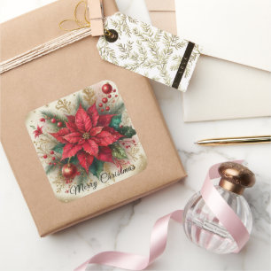 Kerstrood Poinsettia Bloemsticker Vierkante Sticker