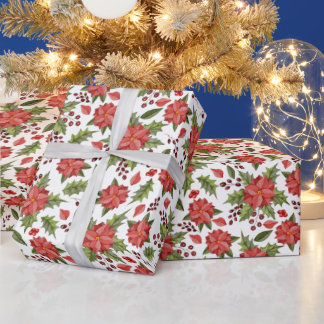 Kerstrood Poinsettia en bessen Cadeaupapier