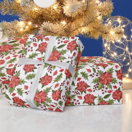 Kerstrood Poinsettia en bessen Cadeaupapier (Feestdagen)