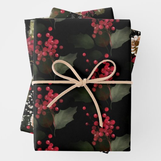 Kerstrood Poinsettia Eucalyptus Holly Berry Inpakpapier Vel (In situ)