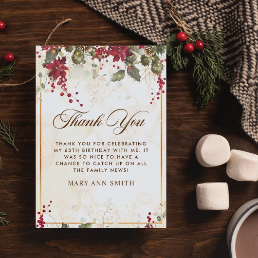 Kerstrood Poinsettia Floral Birthday Party Bedankkaart