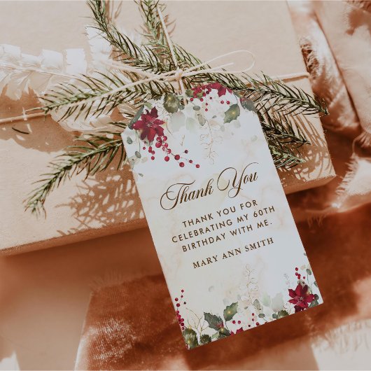 Kerstrood Poinsettia Floral Birthday Party Cadeaulabel