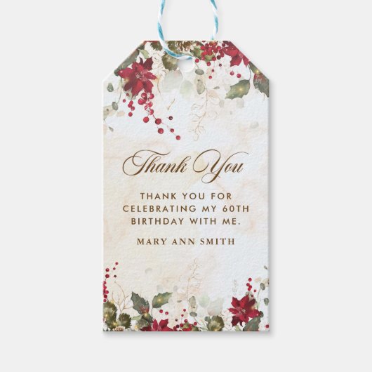 Kerstrood Poinsettia Floral Birthday Party Cadeaulabel (Voorkant)