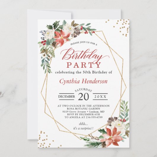 Kerstrood Poinsettia Floral Birthday Party Kaart (Voorkant)