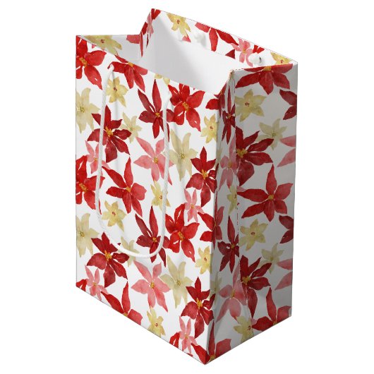 Kerstrood Poinsettia Floral Holiday Patroon Medium Cadeauzakje (Voorkant Gekanteld)