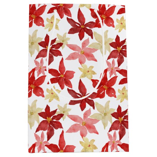 Kerstrood Poinsettia Floral Holiday Patroon Medium Cadeauzakje (Voorkant)