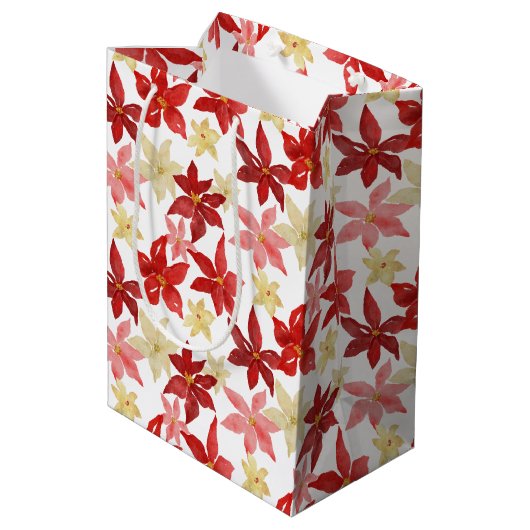 Kerstrood Poinsettia Floral Holiday Patroon Medium Cadeauzakje (Achterkant Gekanteld)