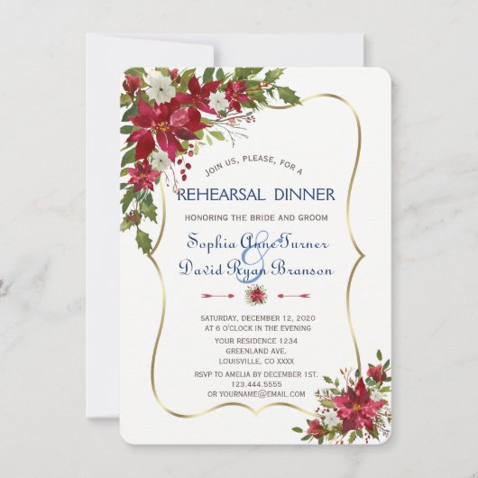 Kerstrood Poinsettia Gold repesal Dinner Kaart (Voorkant)